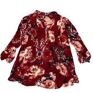 Women's New Directions Curvy Henley Roll Tab  Button Front Pleated Blouse 1X